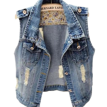 Women's Washed Denim Nostalgic Plus-Size Ripped Vest