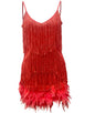 Sexy Tassel Sequins Feather Summer Mini Dress Women V Neck Spaghetti Strap Stitching Dresses Female Elegant Evening Party Club Dress