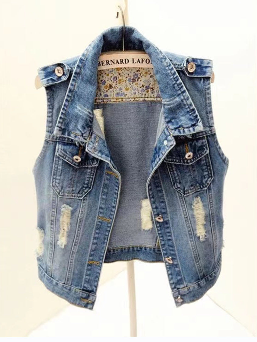 Women's Washed Denim Nostalgic Plus-Size Ripped Vest
