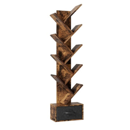 9 Tier Tree Bookshelf With Drawer Bookcase, Modern Book Storage, Free Standing Tree Bookcase, Utility Organizer Shelves For Home Office, Living Room, Bedroom, Rustic Brown