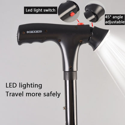 Adjustable Walking Stick Cane With LED Flashlight SOS Alarm Button For Senior Travel Hiking Trekking Pole Folding Crutch Handle Strap 5 Gears